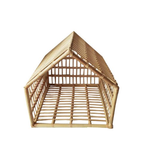 Rattan Pet Cave Hut Enclosed Cat Bed House with Removable Cushion